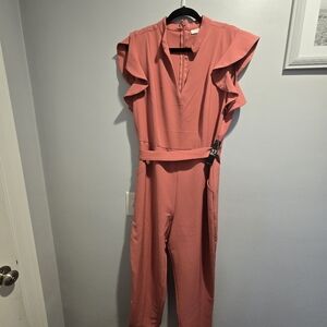 New York & Company Ruffled Pink Jumpsuit